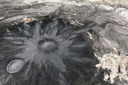 Tar seeps on the shore of the Great Salt Lake become more visible as the water level drops. They can form beautiful patterns as they ooze and freeze. (Courtesy Gretchen Henderson)