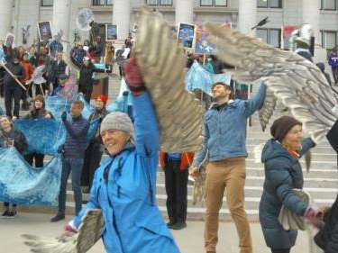 Supporters of a petition to declare the Wilson's phalarope an endangered species celebrate at the Utah State Capitol on Thursday, March 28, 2024. Photo by: Sterling Andrews, FOX 13 News.